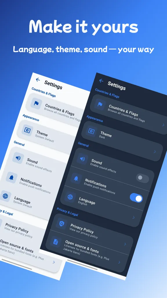 Make it yours - Light and Dark Theme Settings